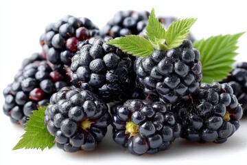 Poster - Fresh blackberries with green leaves displayed on white background in natural lighting