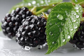 Poster - Fresh blackberries with droplets of water resting on a gray surface
