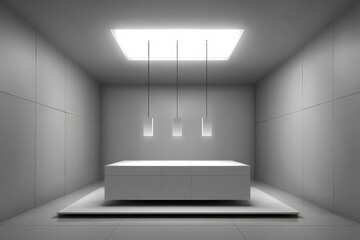 Aufkleber - Modern minimalist interior design features bright space with floating table and pendant lights