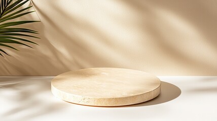 Aufkleber - Minimalist stone podium featuring verdant botanical branch casting soft shadows on neutral backdrop, ideal for elegant product staging
