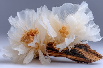 Aufkleber - Delicate white floral arrangement on rustic wooden base showcasing intricate textures and natural beauty