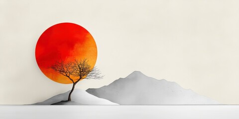 Poster - Serene Sunset Landscape with Minimalist Tree and Abstract Mountains in Vibrant Red and Orange Tones