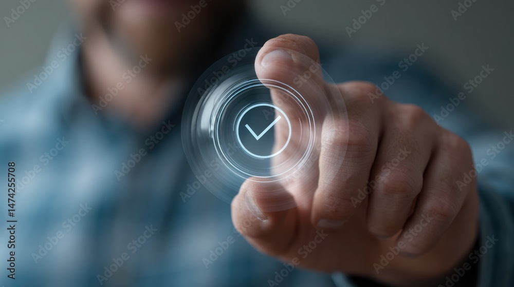Finger touching a checkmark symbol on a screen with blurred background ...