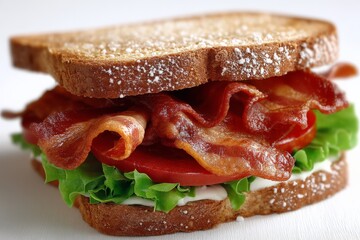 Poster - Delicious bacon sandwich with fresh lettuce and tomato on whole grain bread prepared in a cozy kitchen