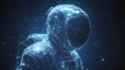 Fototapete - Futuristic astronaut art, rendered in glowing blue wireframe. Digital art style presents a technological feel, set against a cosmos of stars. Abstract wireframe in dark blue