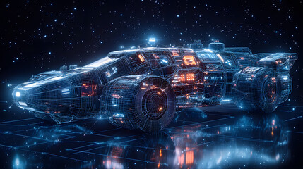 Leinwandbilder - Futuristic vehicle amidst a starry expanse. Reflective surface enhances the sleek design. Ideal for science fiction or tech themes. Abstract wireframe in dark blue.