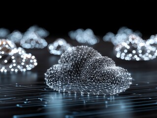 Poster - Digital cloud icons hovering over a futuristic network represent the integration of cloud computing, data storage, and digital connectivity in a virtual world