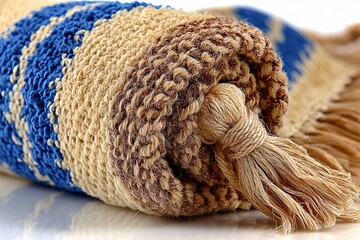 Poster - Handcrafted textile rolled up displaying vibrant patterns and textures in a cozy indoor setting