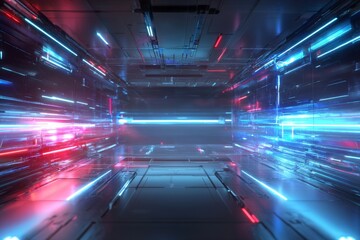 Poster - A futuristic control room is depicted with glowing digital screens and a holographic interface, set amidst a cyber technology environment with blue and red lights, evoking a science fiction theme,