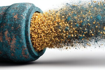Aufkleber - Golden seeds burst from a textured pipe, creating a captivating display of color and texture against a clean background