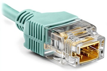 Poster - Close-up view of a network cable connector showcasing precise details of the plastic casing and metallic pins in a digital environment