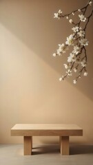Aufkleber - ベージュ色の背景に白い花が咲き誇る枝と木製のプラットフォーム ミニマリストの春の静物構成