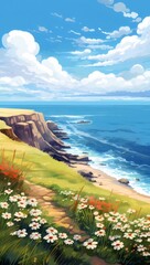 Poster - 鮮やかな青い空と海岸線の崖の上の緑の草の美しい風景と白い花と海の波と岩の多い海岸線の絵画