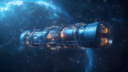 Poster - A futuristic spacecraft traverses deep space, its dark blue hull reflecting distant nebulae. Internal lights cast a warm glow, highlighting intricate details. Abstract wireframe in dark blue.