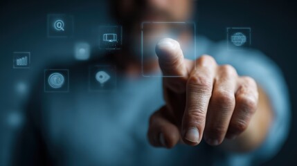 Poster - Man's hand touches a virtual interface with glowing icons on a dark background.