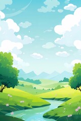 Poster - 緑豊かな谷の風景と穏やかな青空と白い雲と山の背景のあるピクセルアートのイラストレーション
