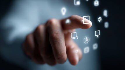 Poster - Hand touching digital interface icons floating in air representing technology and connection.