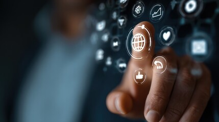 Poster - Finger touches digital icons on a screen representing connection and technology.