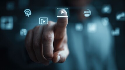Poster - Hand touches a screen with glowing icons representing various digital concepts.