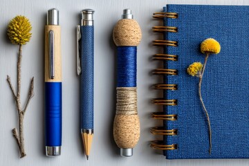 Poster - Stationery arrangement with flowers and pens on a blue background showcasing creativity and inspiration in workspace setup