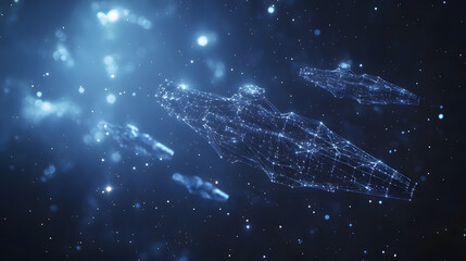 Poster - Futuristic spaceships navigate a dark, starlit expanse. Glowing wireframe designs suggest advanced technology and interstellar travel. Abstract wireframe in dark blue.