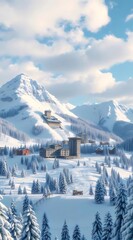 Poster - 雪に覆われた山と青い空に浮かぶ雲のある冬の山の風景と建物の詳細な眺め