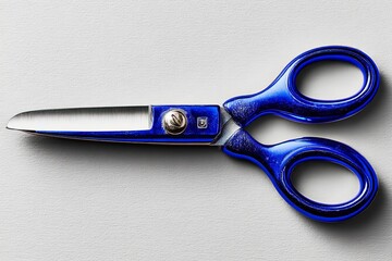 Poster - Blue scissors laid on a white surface reflecting sunlight, highlighting their sharp edges and ergonomic design