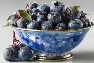 Poster - Blueberries glistening in a decorative bowl with fresh leaves in a well-lit kitchen setting