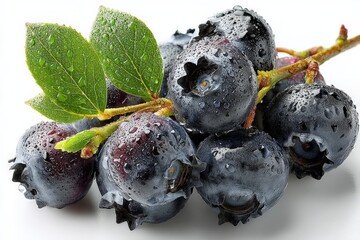 Poster - Fresh blueberries with droplets of water resting on a branch in a bright setting