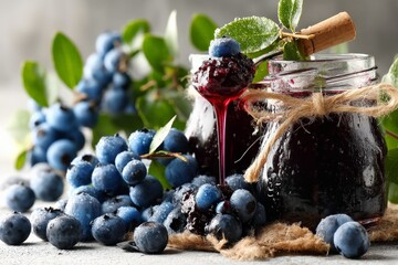 Aufkleber - Homemade blueberry jam and fresh blueberries arranged beautifully on a kitchen countertop