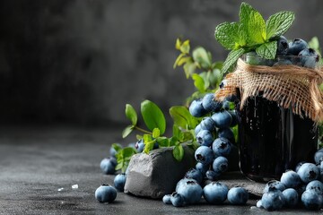 Aufkleber - Refreshing blueberry drink with mint on a dark countertop in a stylish kitchen setting