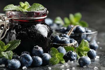 Aufkleber - Homemade blueberry jam with fresh blueberries and mint leaves on a dark countertop