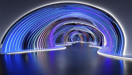 Poster - an empty, neon-lit passageway with glowing reflections is set in a futuristic sci-fi digital environ