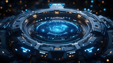 Fototapete - Futuristic platform featuring intricate mechanics and glowing lights, a hub for advanced tech. Dominated by dark blues, it evokes complexity and innovation. Abstract wireframe in dark blue.