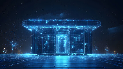 Aufkleber - A luminous, futuristic temple of digital light rises against a starry backdrop. Its blue wireframe architecture creates an ethereal, high-tech scene. Abstract wireframe in dark blue.