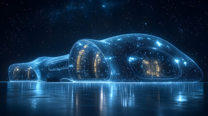 Poster - Futuristic car-shaped building constructed of blue lights, resembling stars, glows against a dark, star-filled sky, mirroring in a reflective surface. Abstract wireframe in dark blue.