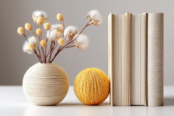 Poster - Decorative arrangement with cotton flowers, yarn, and books in a minimalist setting