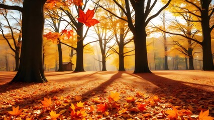 Poster - 黄金色の光が差し込む秋の森 赤い葉が舞い落ちる 静かで穏やかな紅葉の風景