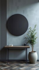 Aufkleber - 室内装飾 静物 ブラックサークルアート グレーの壁 ダークウッドテーブル 植物 装飾的な要素 静かな雰囲気