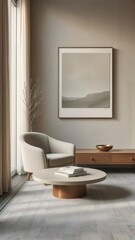 Aufkleber - ベージュとブラウンのインテリア 椅子 円形テーブル 絵画のある落ち着いた空間