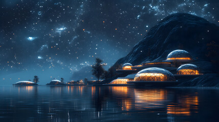 Leinwandbilder - Futuristic domes glow warmly by the water under a starry night sky, with mountains as a backdrop and distant islands. Serene and captivating, perfect for stock. Abstract wireframe in dark blue