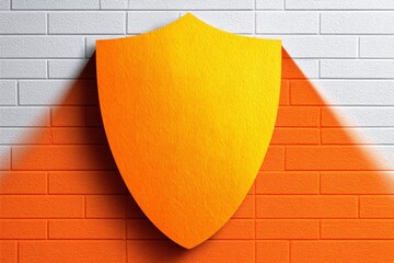 Fototapete - Bright yellow shield emblem on orange brick wall creating a striking visual contrast in modern design