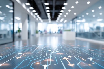 Aufkleber - A blurry office interior background features a creative digital blue circuit grid, symbolizing a landing page concept that embodies technology, innovation, and stock through double exposure