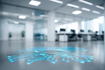 Aufkleber - A creative digital blue circuit grid overlaid on a blurry office interior background serves as a landing page concept, highlighting themes of technology, innovation, and stock