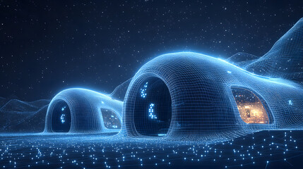 Fototapete - Futuristic landscape featuring glowing wireframe domes under a starry sky. A network of lights connects everything, suggesting advanced technology and digital reality. Abstract wireframe in dark blue