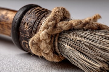 Poster - Detailed view of an artistic brush handle wrapped with twine resting on a textured surface in soft lighting