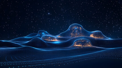 Fototapete - Futuristic digital landscape on a starry night. Blue lines form rolling hills dotted with golden city lights. Data visualization or digital network concept. Abstract wireframe in dark blue