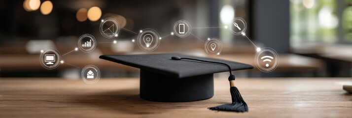 Poster - Digital education concept featuring icons of a computer, graduation cap, and school board set against a blurred background, representing digital learning online systems for distance education or