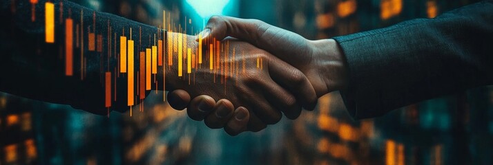 Poster - business merger handshake with growth graphs symbolizing teamwork in corporate cityscape