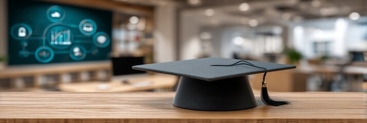 Poster - Digital learning online system for distance education or futuristic new AI technology represented by a digital education concept with icons of computer, graduation cap, and school board on blurred